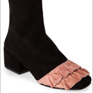 Black & Pink Volant Suede Block Heel Booties